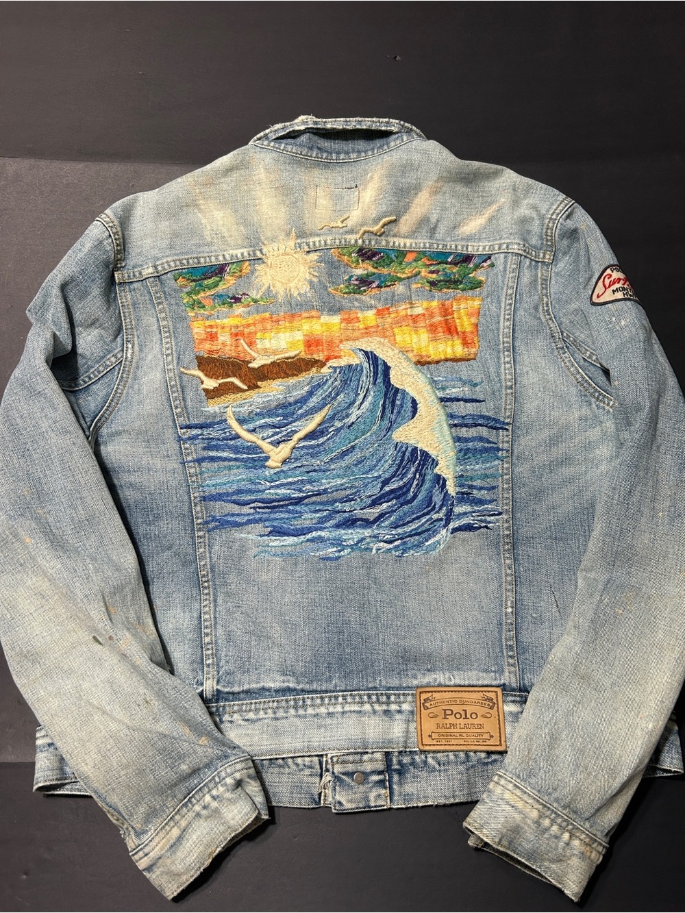 Vintage 90s Polo Ralph Lauren Embroidered Surf Scene Denim Trucker Jacket XL